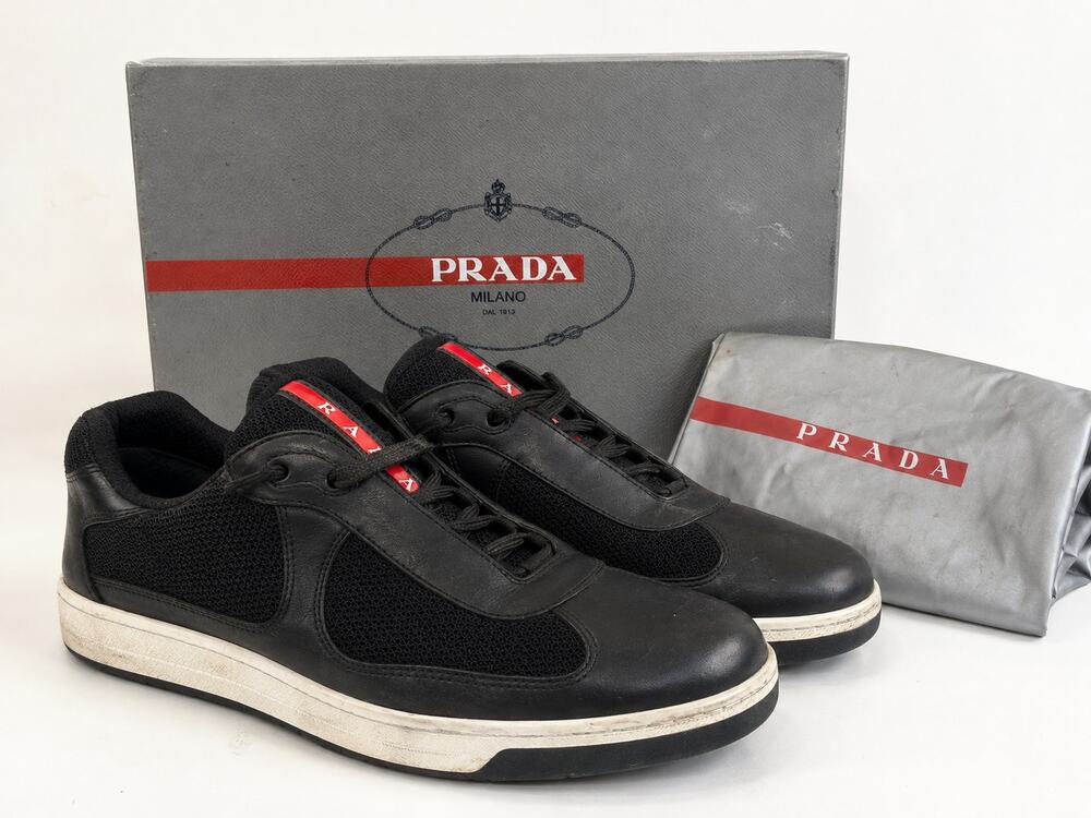 Prada America’s Cup Men’s Sneakers Black Leather Mesh Size 7 US 8 4E3166 Box
